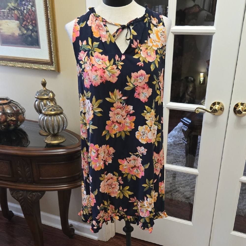 LOFT Navy Pink Floral Mini Dress Ruffle Neck & Hem Tie Neck Sleeveless Med EUC